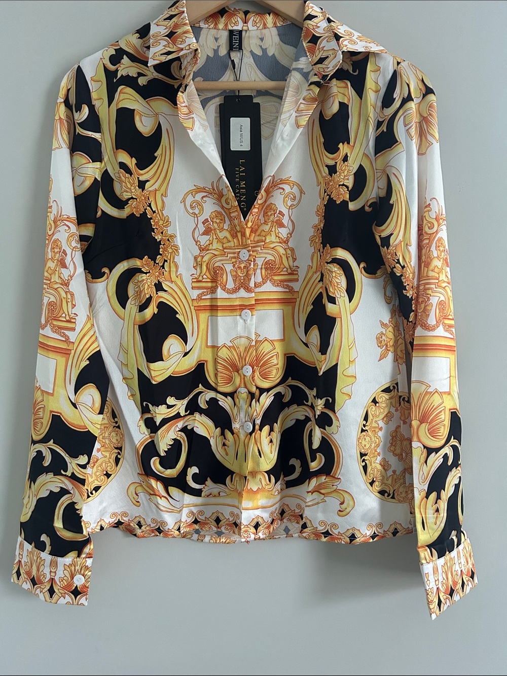 LAI Meng Five Cats Baroque Print Button-Front Blouse in Black, White & Gold